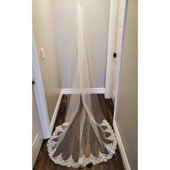 New White Wedding Veil Cathedral Length with Embroidered Edges - Picture 1 of 7